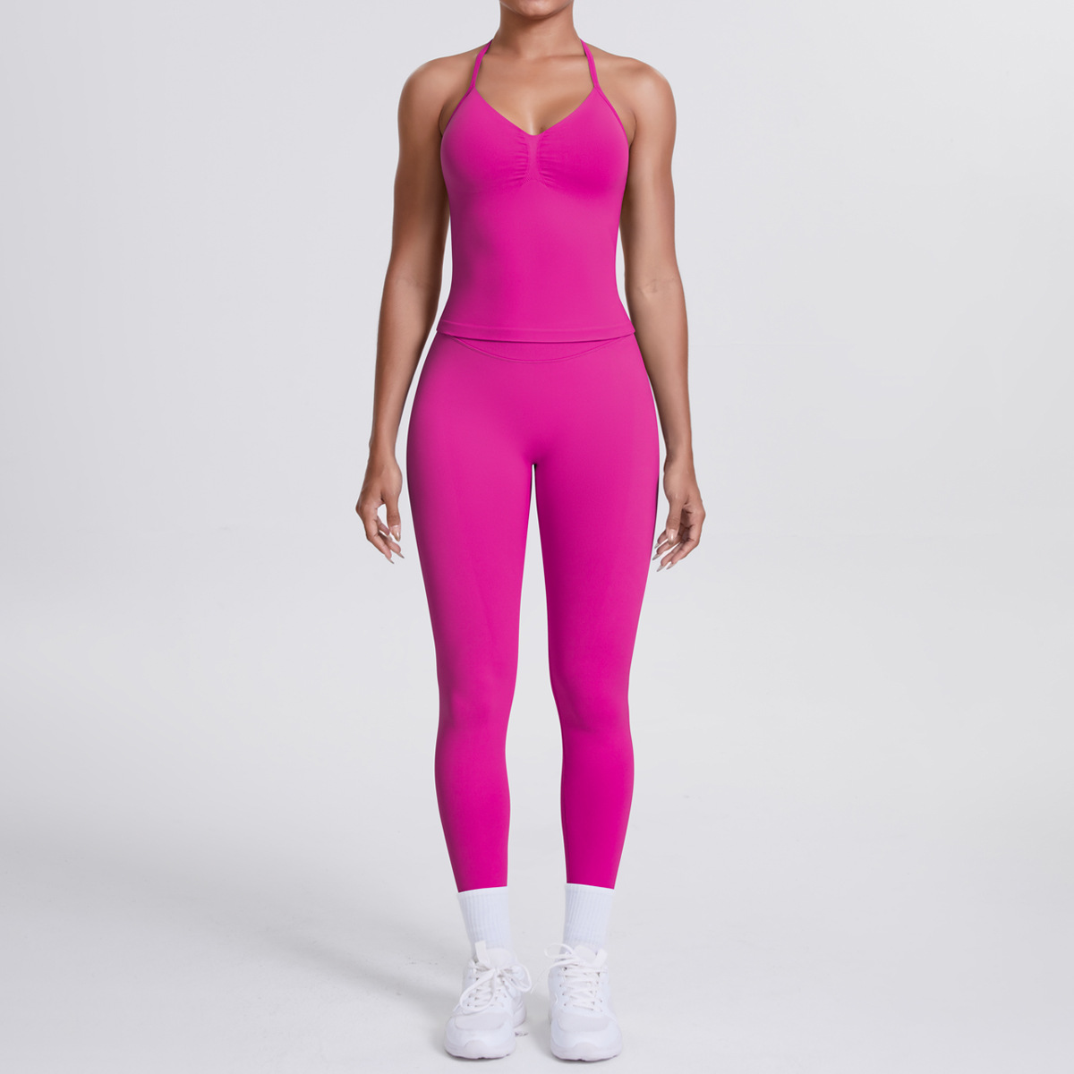 Women Halter Neck Yoga 2-Piece Outfit, Sleeveless Halter Beauty Back Crop Top 26 Colors, High Waist Butt Lifting Biker Shorts 26 Colors, YFYS6700+YFYS6688