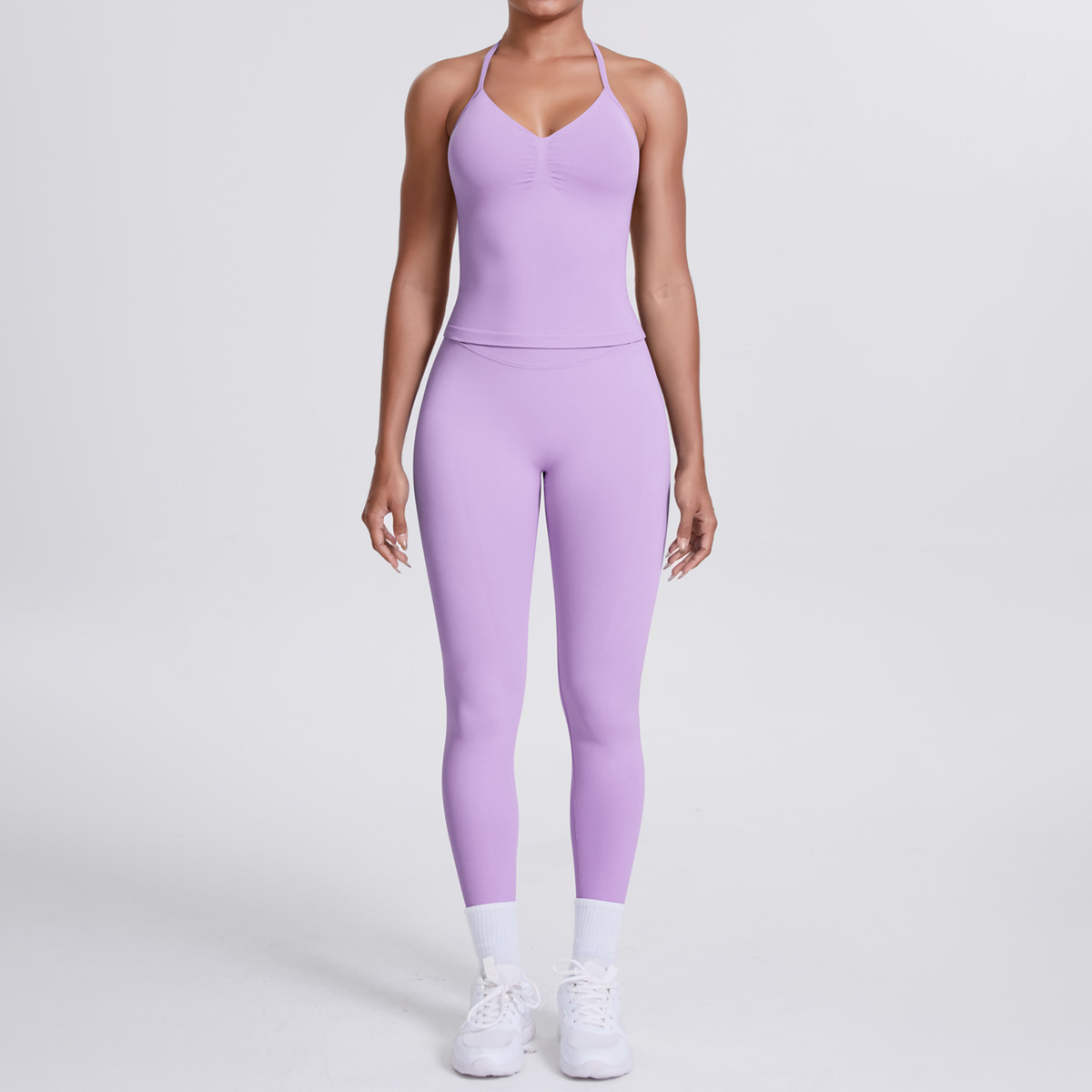 Women Halter Neck Yoga 2-Piece Outfit, Sleeveless Halter Beauty Back Crop Top 26 Colors, High Waist Butt Lifting Biker Shorts 26 Colors, YFYS6700+YFYS6688