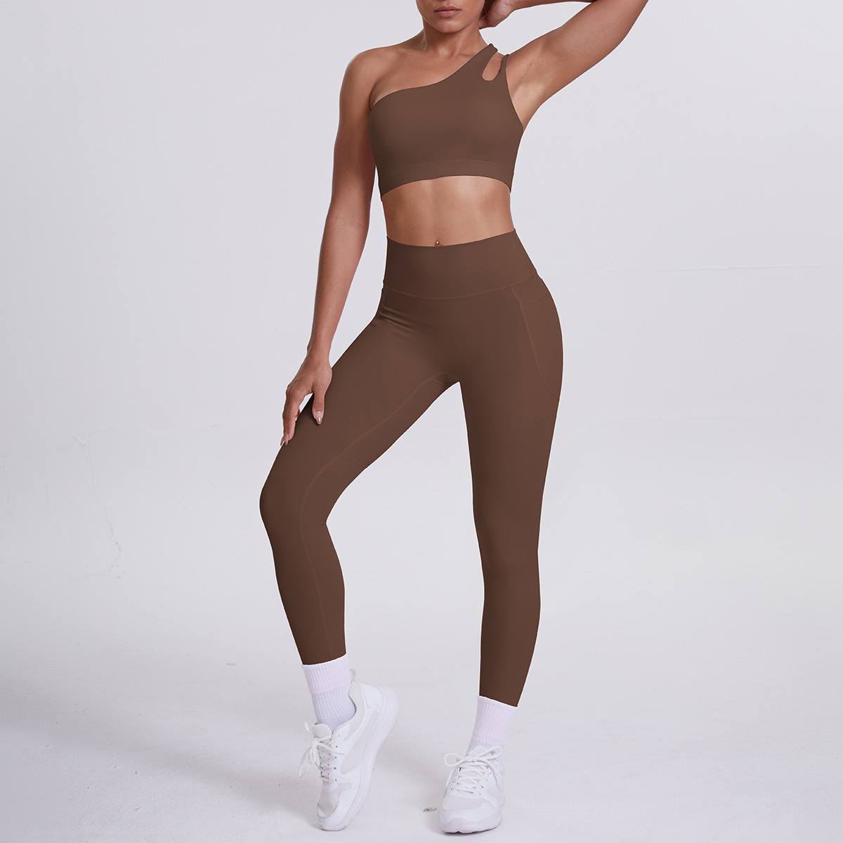 Women One Shoulder Cutout Yoga 2-Piece Outfit, Asymmetric Single Strap Crop Top 10 Colors, High Waist Butt Lifting Leggings With Side Pockets 10 Colors, YFYS7114+YFYS7108