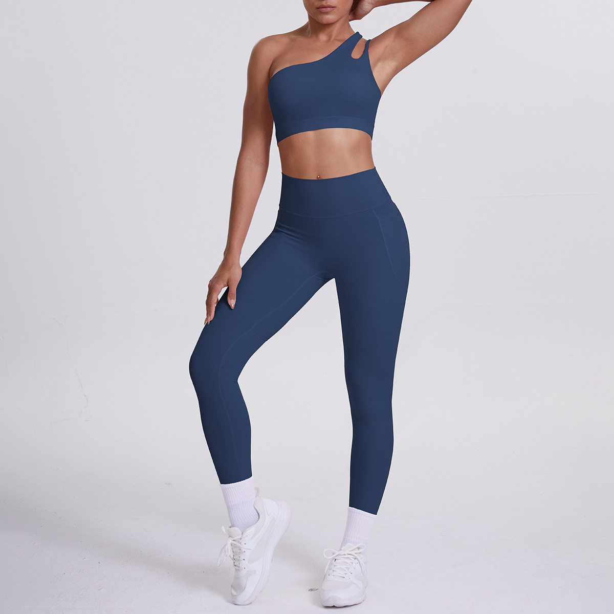 Women One Shoulder Cutout Yoga 2-Piece Outfit, Asymmetric Single Strap Crop Top 10 Colors, High Waist Butt Lifting Leggings With Side Pockets 10 Colors, YFYS7114+YFYS7108