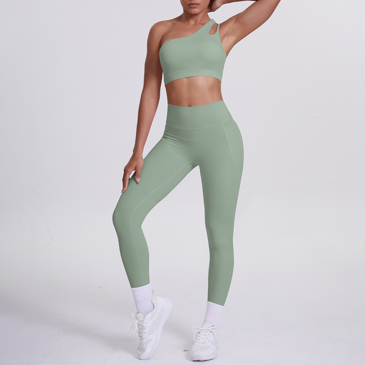 Women One Shoulder Cutout Yoga 2-Piece Outfit, Asymmetric Single Strap Crop Top 10 Colors, High Waist Butt Lifting Leggings With Side Pockets 10 Colors, YFYS7114+YFYS7108