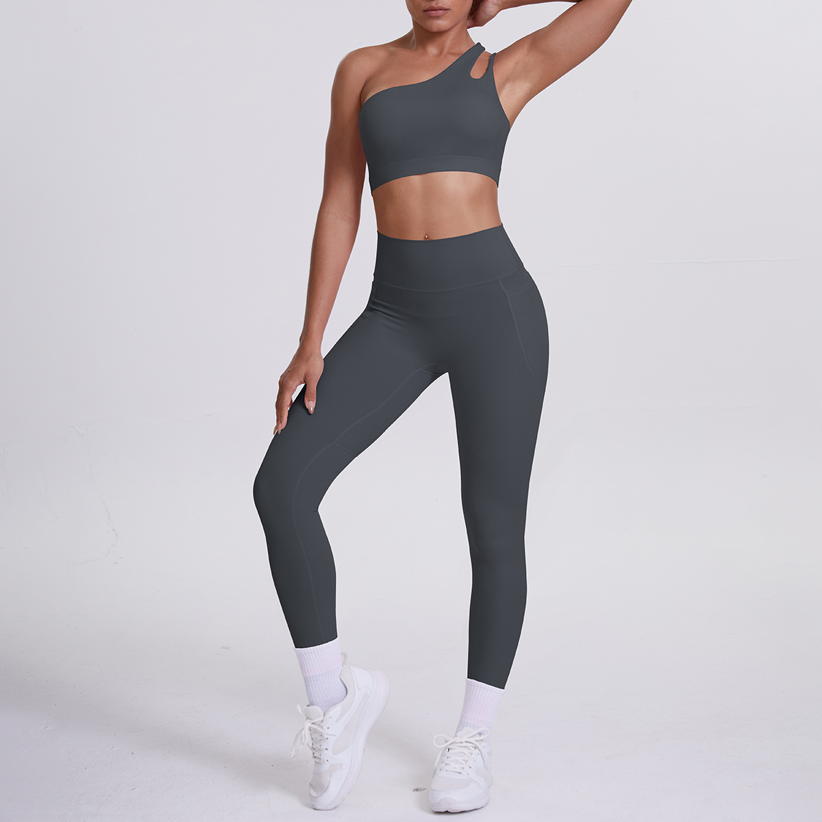 Women One Shoulder Cutout Yoga 2-Piece Outfit, Asymmetric Single Strap Crop Top 10 Colors, High Waist Butt Lifting Leggings With Side Pockets 10 Colors, YFYS7114+YFYS7108