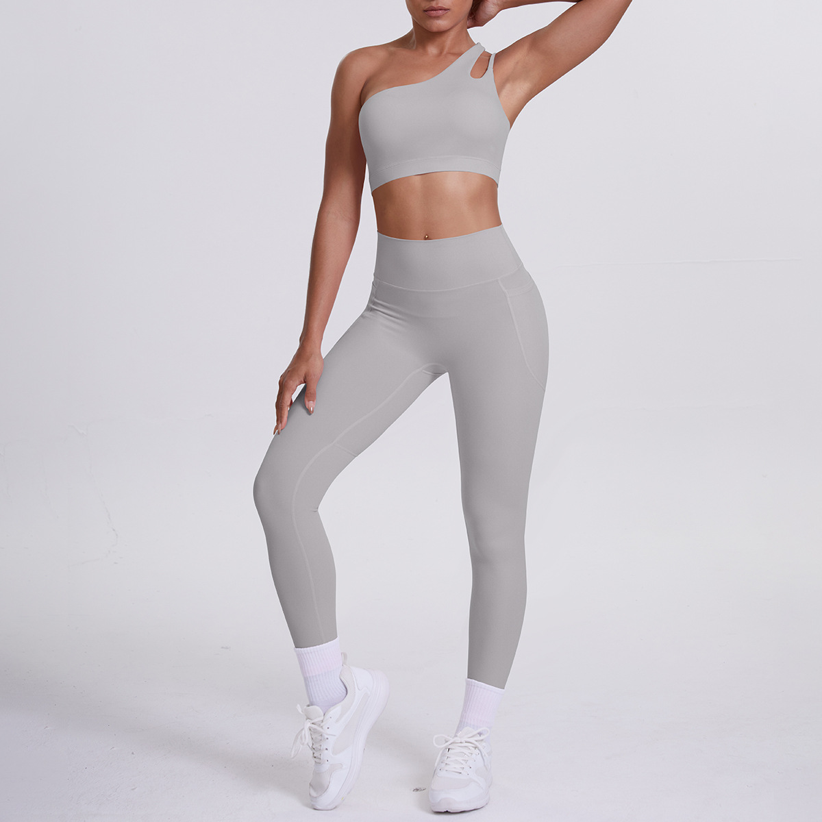 Women One Shoulder Cutout Yoga 2-Piece Outfit, Asymmetric Single Strap Crop Top 10 Colors, High Waist Butt Lifting Leggings With Side Pockets 10 Colors, YFYS7114+YFYS7108