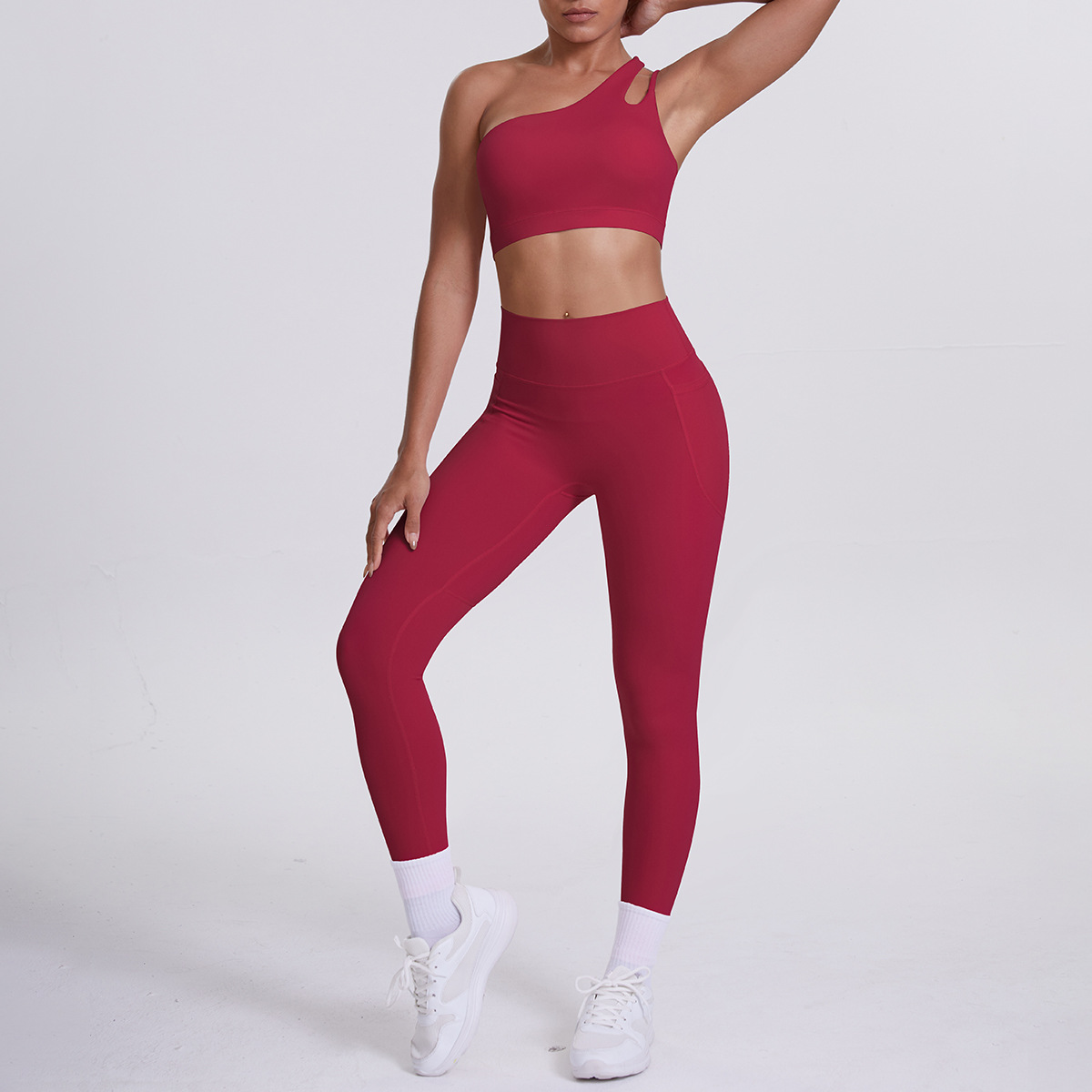 Women One Shoulder Cutout Yoga 2-Piece Outfit, Asymmetric Single Strap Crop Top 10 Colors, High Waist Butt Lifting Leggings With Side Pockets 10 Colors, YFYS7114+YFYS7108