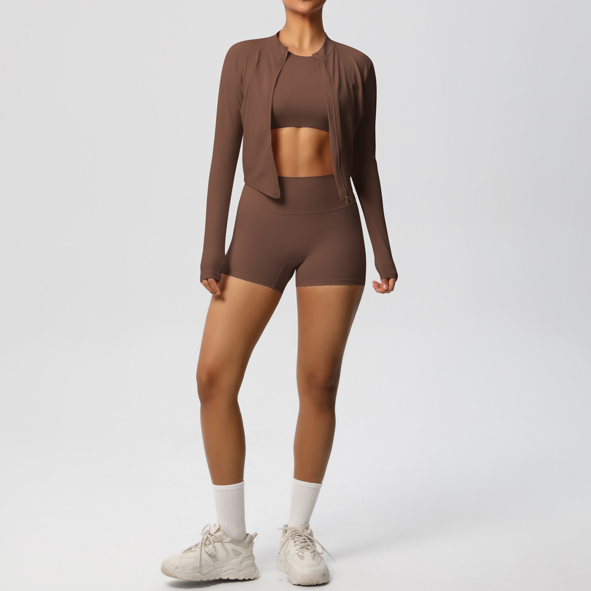 Quick Dry Training Three Piece Set, Zip Up Long Sleeve + Short Sleeve Crop Top 10 Colors, Solid Color Tight Lifting Shorts 10 Colors, YFYS7105+YFYS7106+YFYS7101