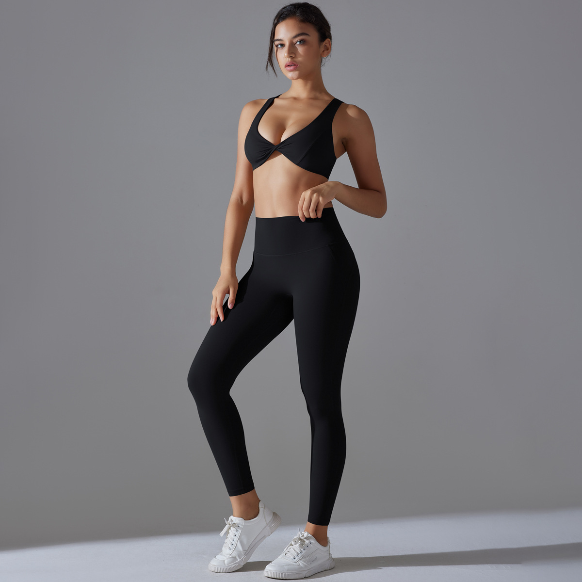 Quick Dry Training Set, Twist Front V Neck Crop Top 5 Colors, Solid Color Tight Lifting Antibacterial Leggings 5 Colors, YFYS7070+YFYS7053
