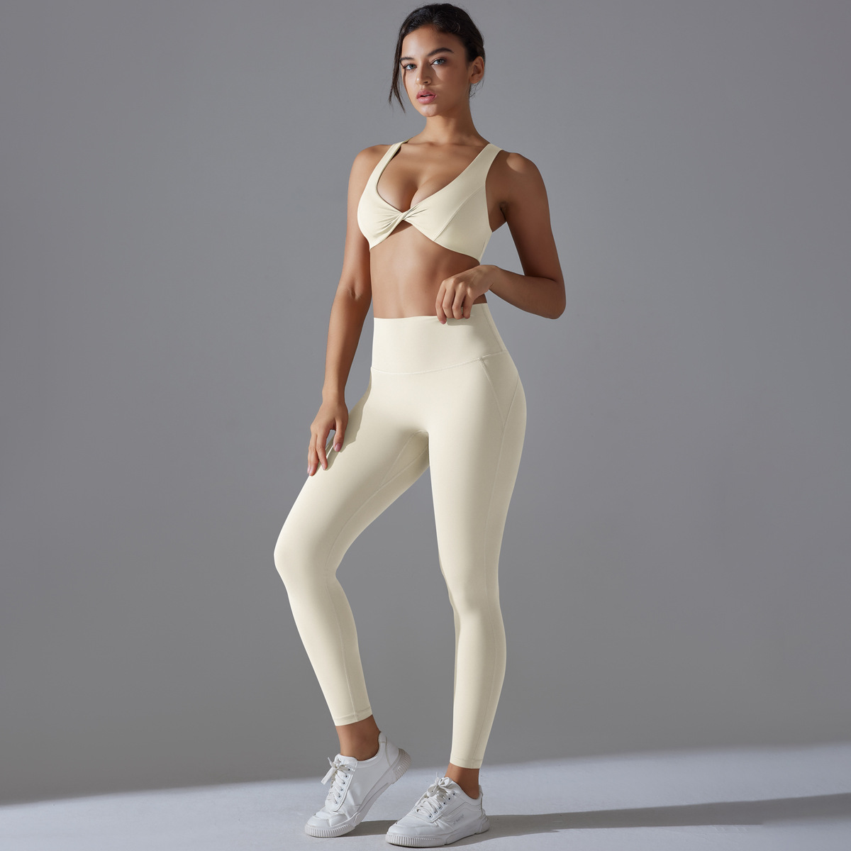 Quick Dry Training Set, Twist Front V Neck Crop Top 5 Colors, Solid Color Tight Lifting Antibacterial Leggings 5 Colors, YFYS7070+YFYS7053