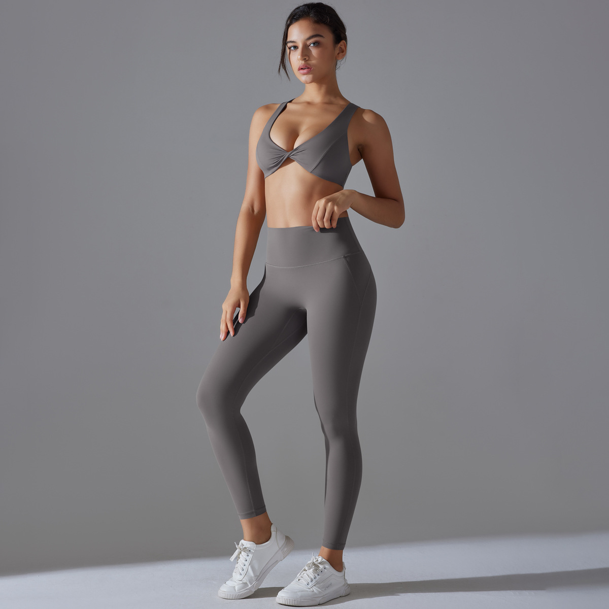 Quick Dry Training Set, Twist Front V Neck Crop Top 5 Colors, Solid Color Tight Lifting Antibacterial Leggings 5 Colors, YFYS7070+YFYS7053