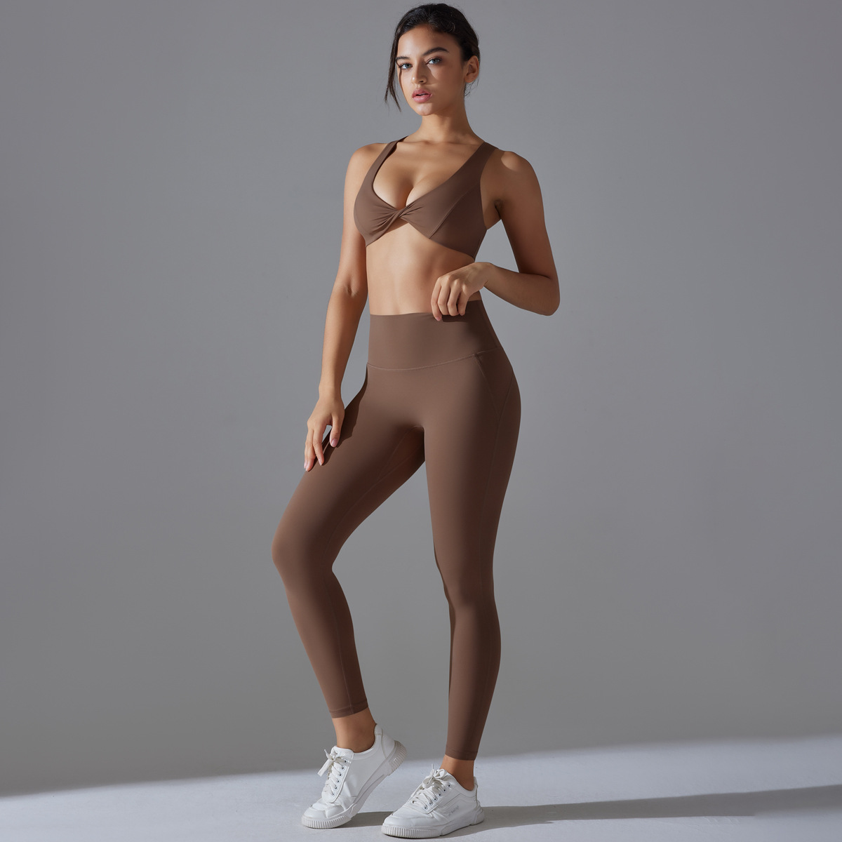 Quick Dry Training Set, Twist Front V Neck Crop Top 5 Colors, Solid Color Tight Lifting Antibacterial Leggings 5 Colors, YFYS7070+YFYS7053