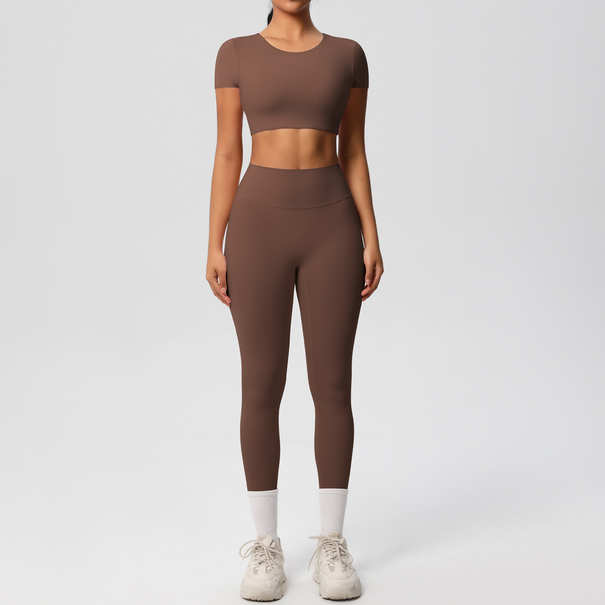 Quick Dry Training Set, Crew Neck Short Sleeve Crop Top With Chest Pads 10 Colors, Solid Color Tight Lifting Leggings 10 Colors, YFYS7105+YFYS7100