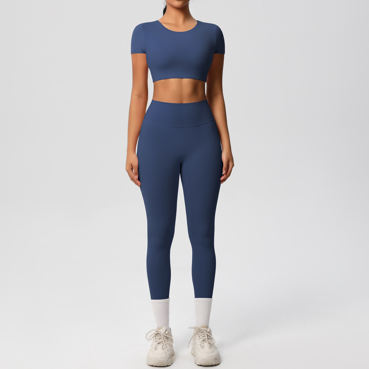 Quick Dry Training Set, Crew Neck Short Sleeve Crop Top With Chest Pads 10 Colors, Solid Color Tight Lifting Leggings 10 Colors, YFYS7105+YFYS7100