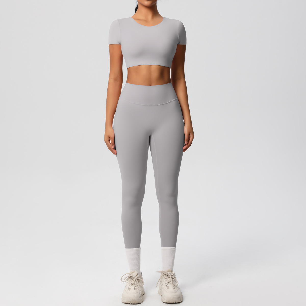 Quick Dry Training Set, Crew Neck Short Sleeve Crop Top With Chest Pads 10 Colors, Solid Color Tight Lifting Leggings 10 Colors, YFYS7105+YFYS7100