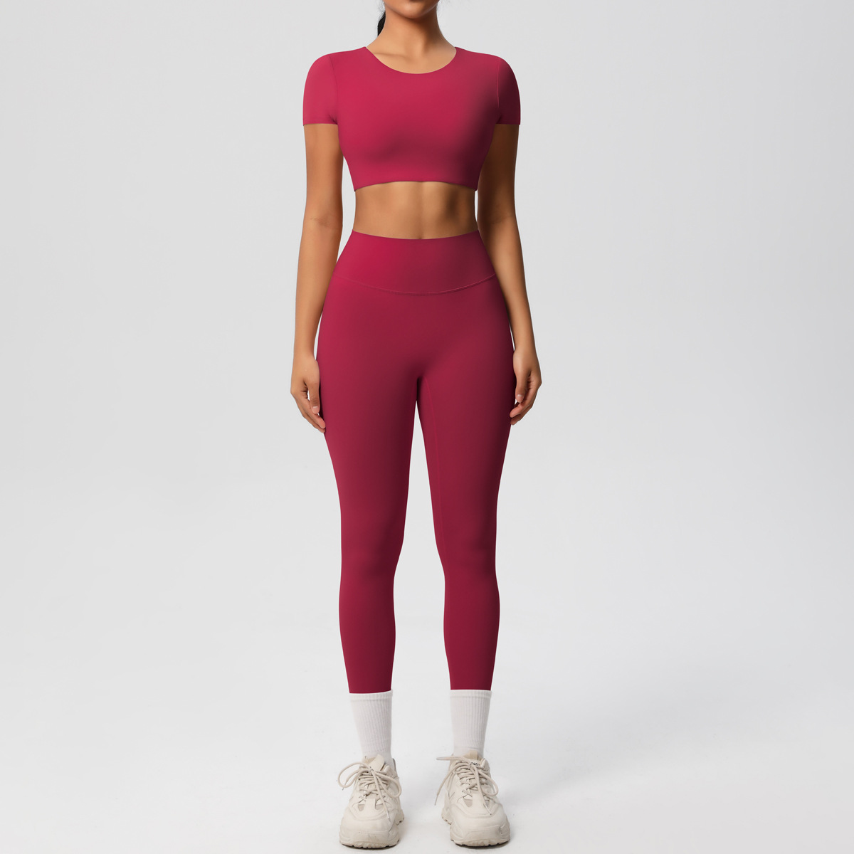 Quick Dry Training Set, Crew Neck Short Sleeve Crop Top With Chest Pads 10 Colors, Solid Color Tight Lifting Leggings 10 Colors, YFYS7105+YFYS7100