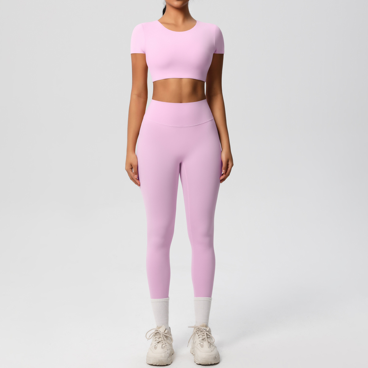 Quick Dry Training Set, Crew Neck Short Sleeve Crop Top With Chest Pads 10 Colors, Solid Color Tight Lifting Leggings 10 Colors, YFYS7105+YFYS7100