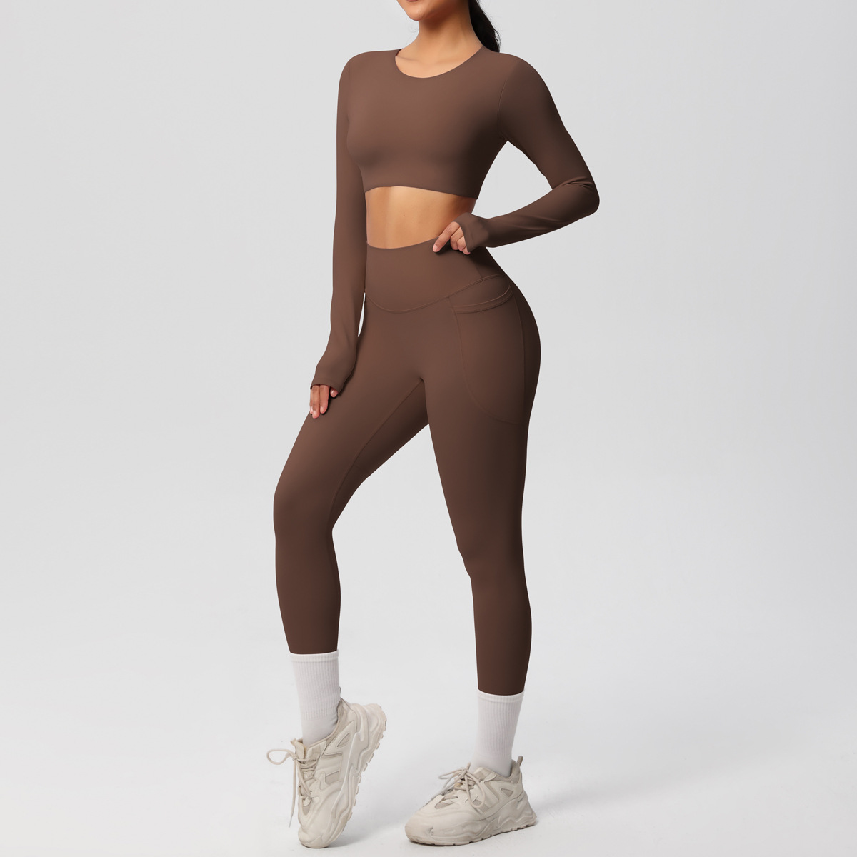 Women Crew Neck Long Sleeve Yoga 2-Piece Outfit, Crew Neck Long Sleeve Crop Top With Chest Pads 10 Colors, High Waist Butt Lifting Leggings With Side Pockets 10 Colors, YFYS7104+YFYS7108