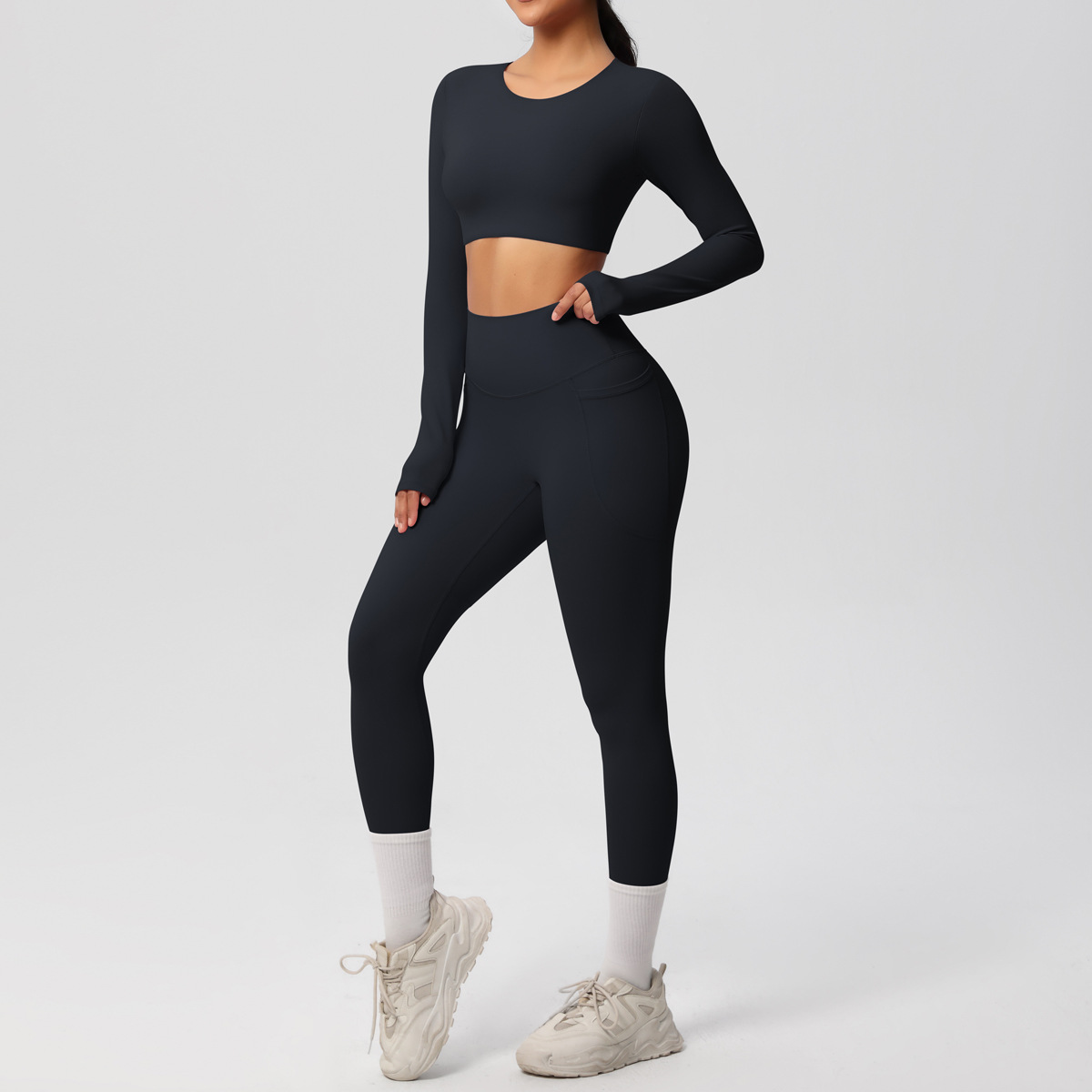 Women Crew Neck Long Sleeve Yoga 2-Piece Outfit, Crew Neck Long Sleeve Crop Top With Chest Pads 10 Colors, High Waist Butt Lifting Leggings With Side Pockets 10 Colors, YFYS7104+YFYS7108