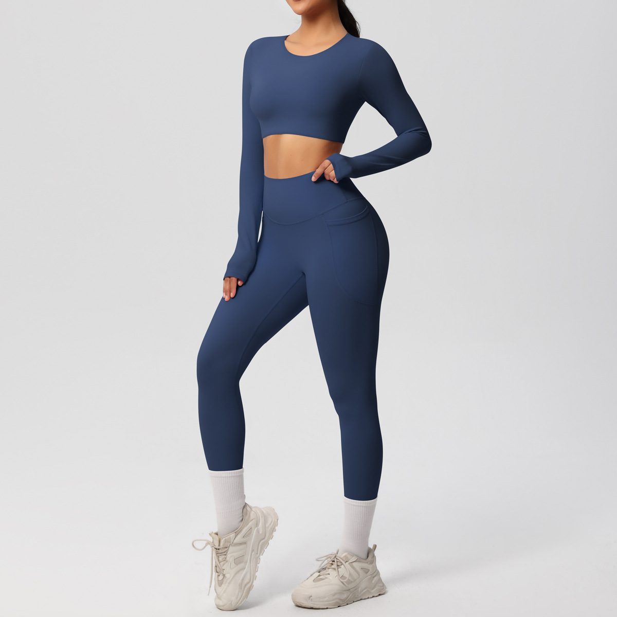 Women Crew Neck Long Sleeve Yoga 2-Piece Outfit, Crew Neck Long Sleeve Crop Top With Chest Pads 10 Colors, High Waist Butt Lifting Leggings With Side Pockets 10 Colors, YFYS7104+YFYS7108