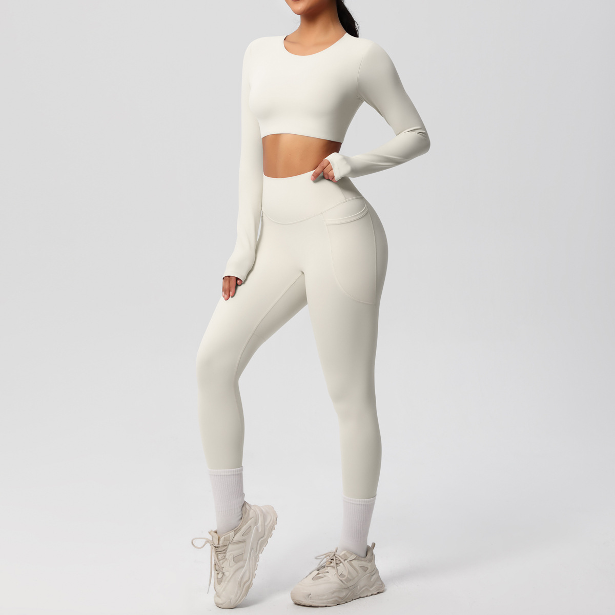 Women Crew Neck Long Sleeve Yoga 2-Piece Outfit, Crew Neck Long Sleeve Crop Top With Chest Pads 10 Colors, High Waist Butt Lifting Leggings With Side Pockets 10 Colors, YFYS7104+YFYS7108