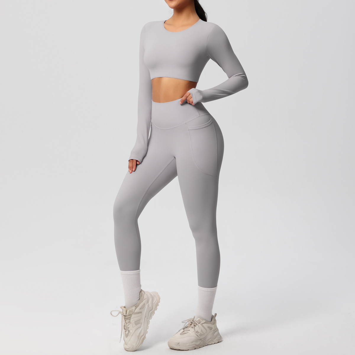 Women Crew Neck Long Sleeve Yoga 2-Piece Outfit, Crew Neck Long Sleeve Crop Top With Chest Pads 10 Colors, High Waist Butt Lifting Leggings With Side Pockets 10 Colors, YFYS7104+YFYS7108