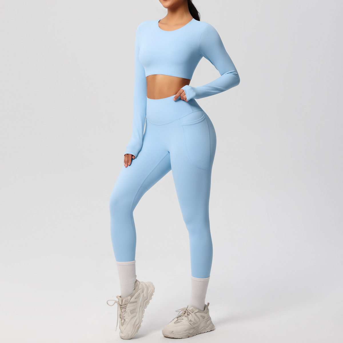 Women Crew Neck Long Sleeve Yoga 2-Piece Outfit, Crew Neck Long Sleeve Crop Top With Chest Pads 10 Colors, High Waist Butt Lifting Leggings With Side Pockets 10 Colors, YFYS7104+YFYS7108