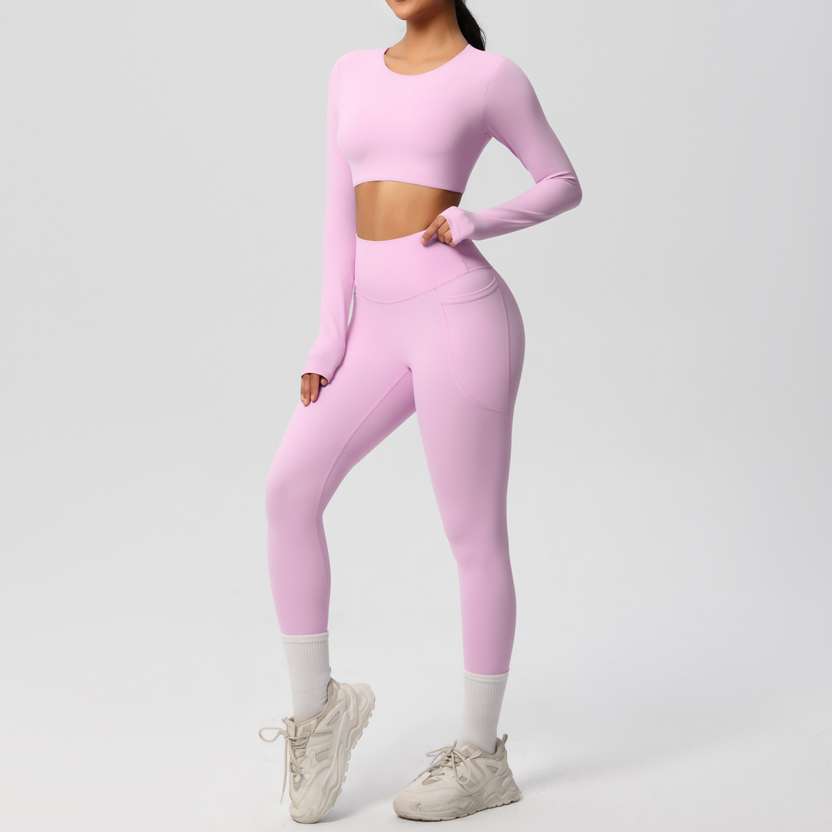 Women Crew Neck Long Sleeve Yoga 2-Piece Outfit, Crew Neck Long Sleeve Crop Top With Chest Pads 10 Colors, High Waist Butt Lifting Leggings With Side Pockets 10 Colors, YFYS7104+YFYS7108