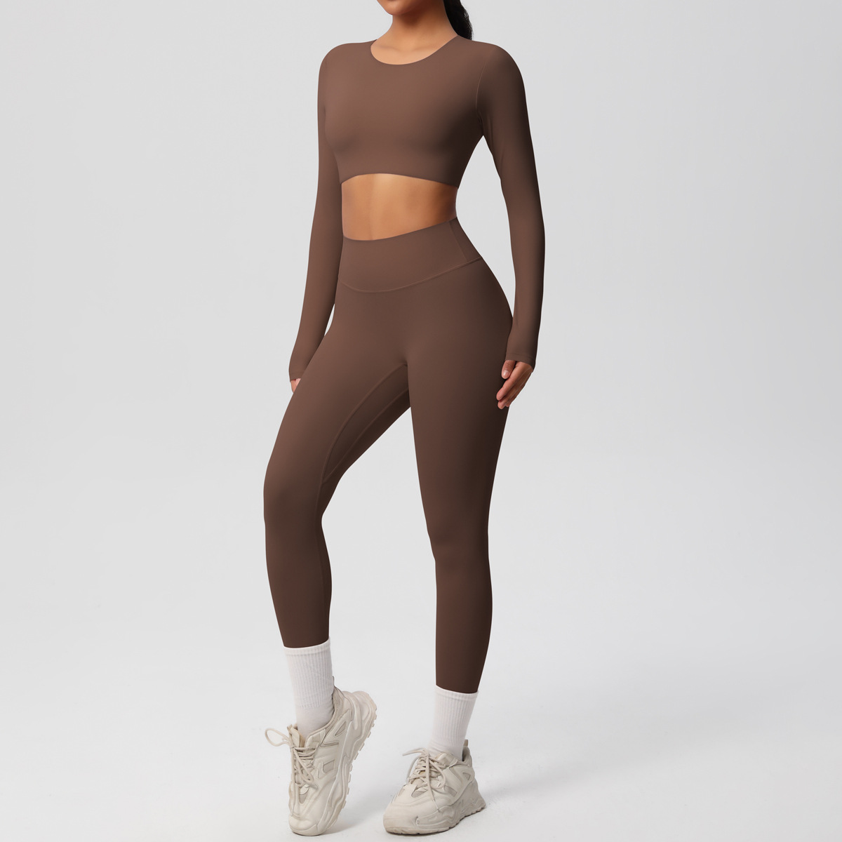 Women Crew Neck Long Sleeve Yoga 2-Piece Outfit, Crew Neck Long Sleeve Crop Top With Chest Pads 10 Colors, High Waist Butt Lifting Full Length Leggings 10 Colors, YFYS7104+YFYS7100