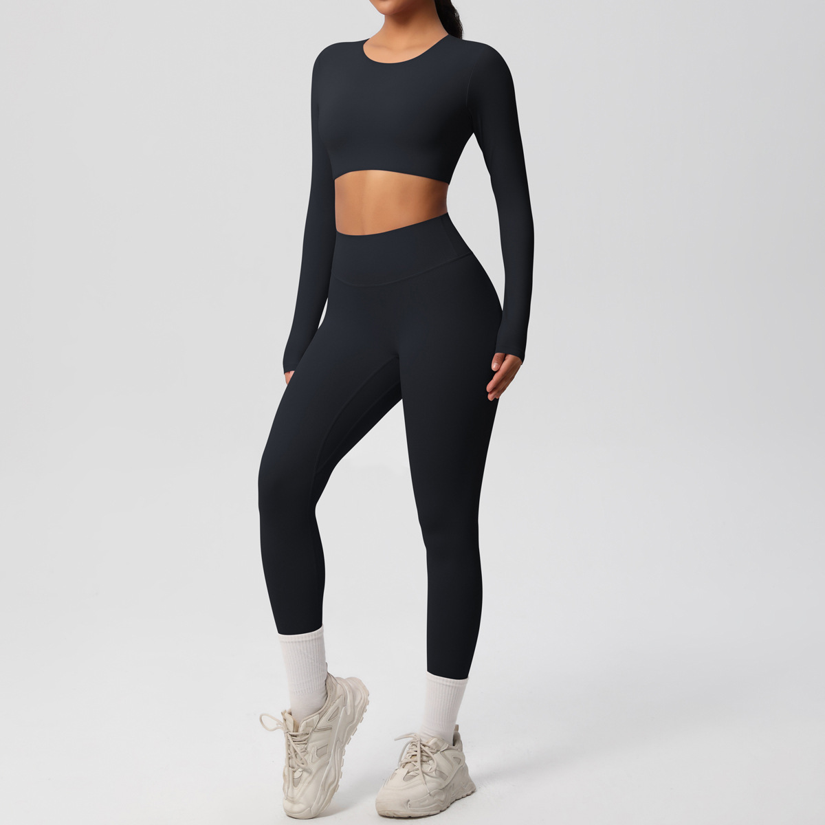 Women Crew Neck Long Sleeve Yoga 2-Piece Outfit, Crew Neck Long Sleeve Crop Top With Chest Pads 10 Colors, High Waist Butt Lifting Full Length Leggings 10 Colors, YFYS7104+YFYS7100