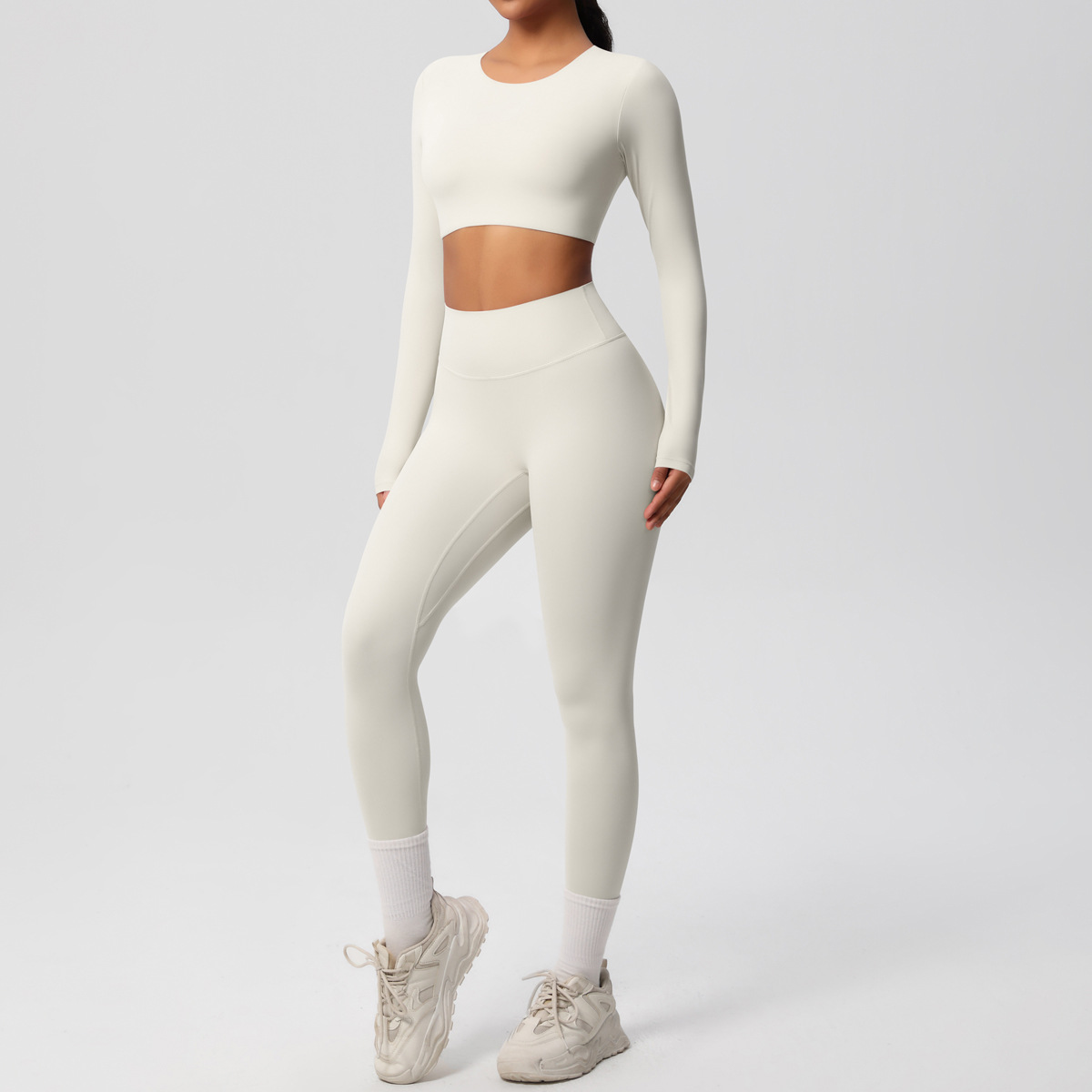 Women Crew Neck Long Sleeve Yoga 2-Piece Outfit, Crew Neck Long Sleeve Crop Top With Chest Pads 10 Colors, High Waist Butt Lifting Full Length Leggings 10 Colors, YFYS7104+YFYS7100