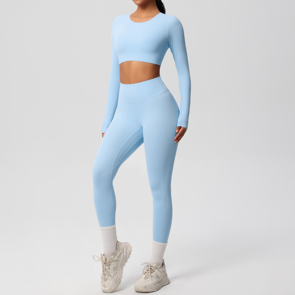 Women Crew Neck Long Sleeve Yoga 2-Piece Outfit, Crew Neck Long Sleeve Crop Top With Chest Pads 10 Colors, High Waist Butt Lifting Full Length Leggings 10 Colors, YFYS7104+YFYS7100
