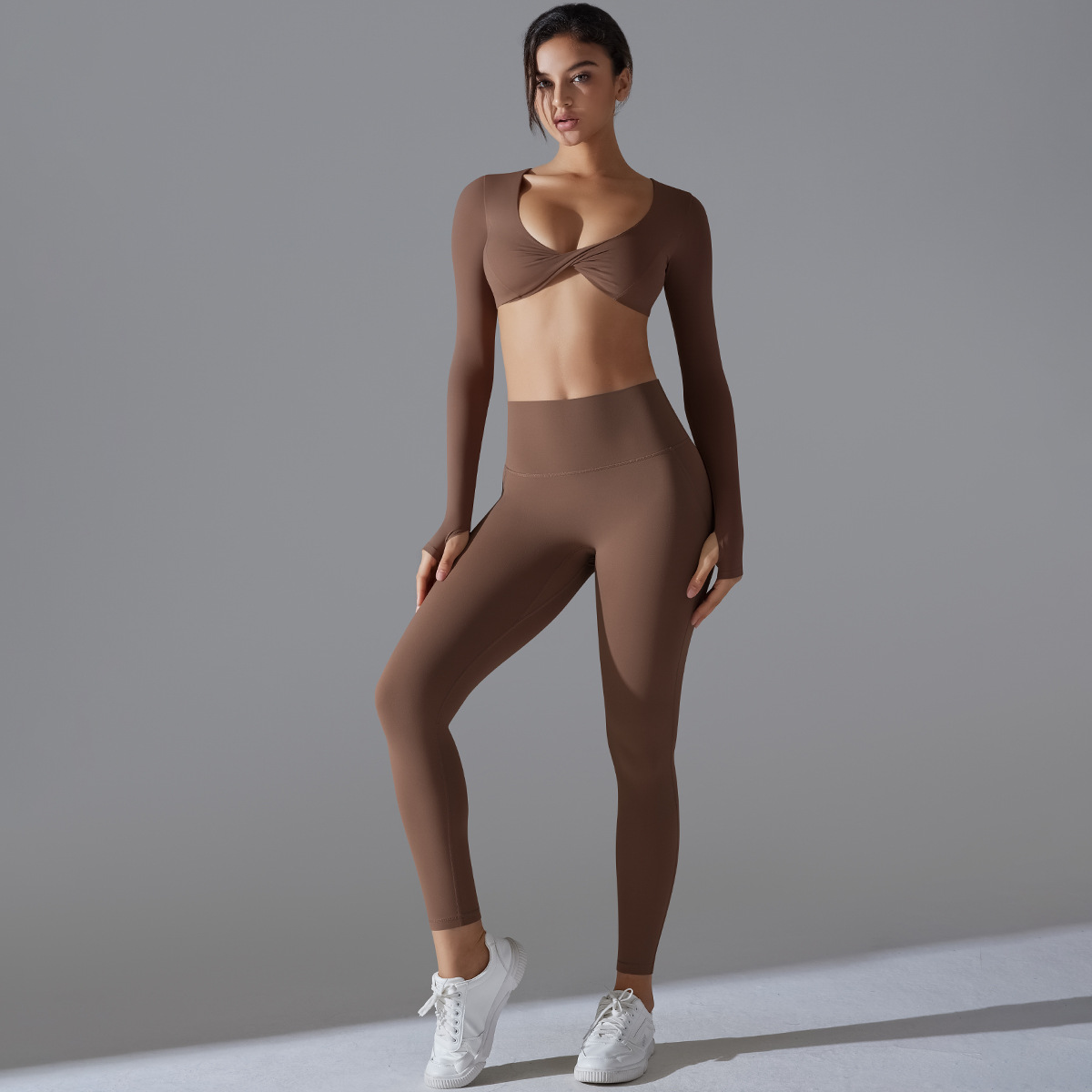 Quick Dry Training Set, Twist Front V Neck Thumb Hole Long Sleeve Crop Top 5 Colors, Solid Color Tight Lifting Antibacterial Leggings 5 Colors, YFYS7071+YFYS7053