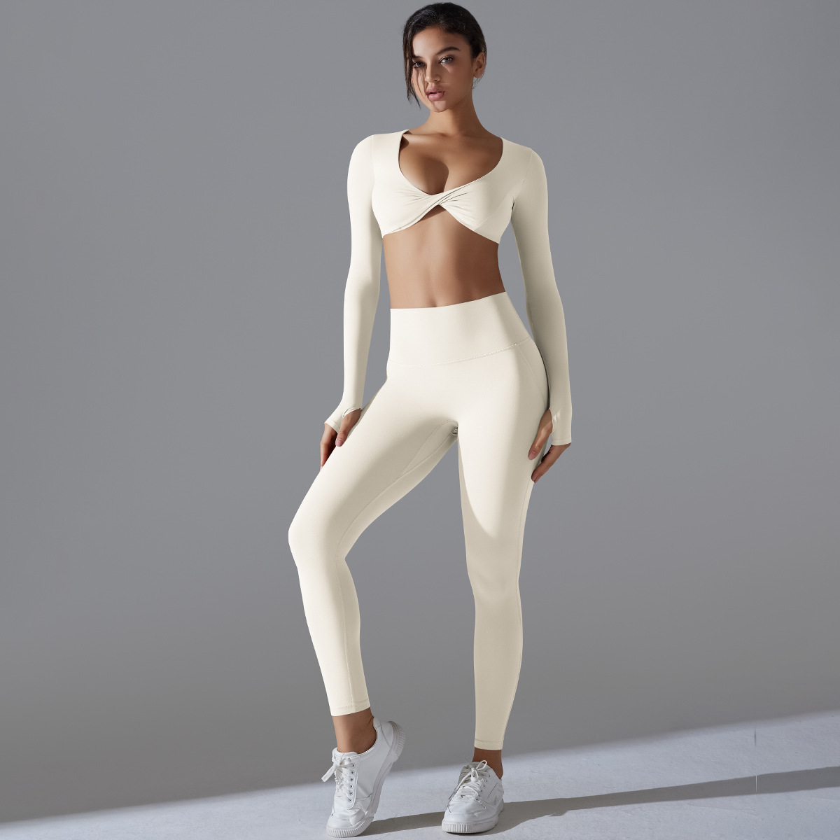 Quick Dry Training Set, Twist Front V Neck Thumb Hole Long Sleeve Crop Top 5 Colors, Solid Color Tight Lifting Antibacterial Leggings 5 Colors, YFYS7071+YFYS7053