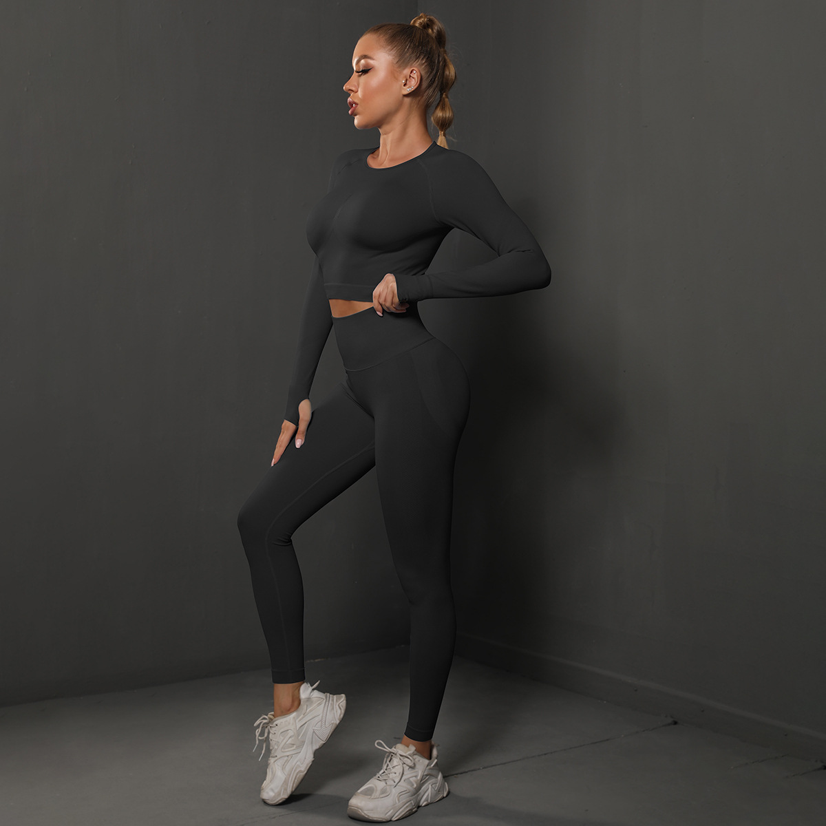 Women Crew Neck Twist Front Long Sleeve Yoga 2-Piece Outfit, Chest Twist Long Sleeve Crop Top 10 Colors, High Waist Butt Lifting Full Length Leggings 10 Colors, YFYS6600+YFYS6600