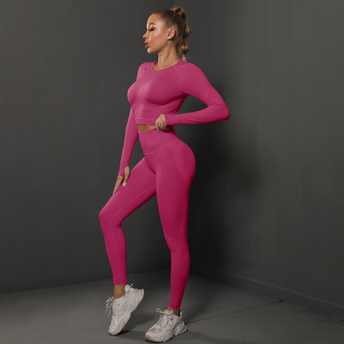 Women Crew Neck Twist Front Long Sleeve Yoga 2-Piece Outfit, Chest Twist Long Sleeve Crop Top 10 Colors, High Waist Butt Lifting Full Length Leggings 10 Colors, YFYS6600+YFYS6600