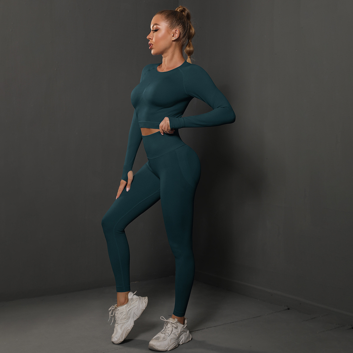 Women Crew Neck Twist Front Long Sleeve Yoga 2-Piece Outfit, Chest Twist Long Sleeve Crop Top 10 Colors, High Waist Butt Lifting Full Length Leggings 10 Colors, YFYS6600+YFYS6600
