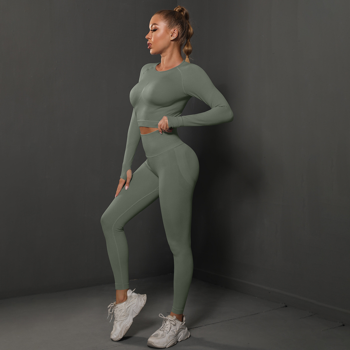 Women Crew Neck Twist Front Long Sleeve Yoga 2-Piece Outfit, Chest Twist Long Sleeve Crop Top 10 Colors, High Waist Butt Lifting Full Length Leggings 10 Colors, YFYS6600+YFYS6600