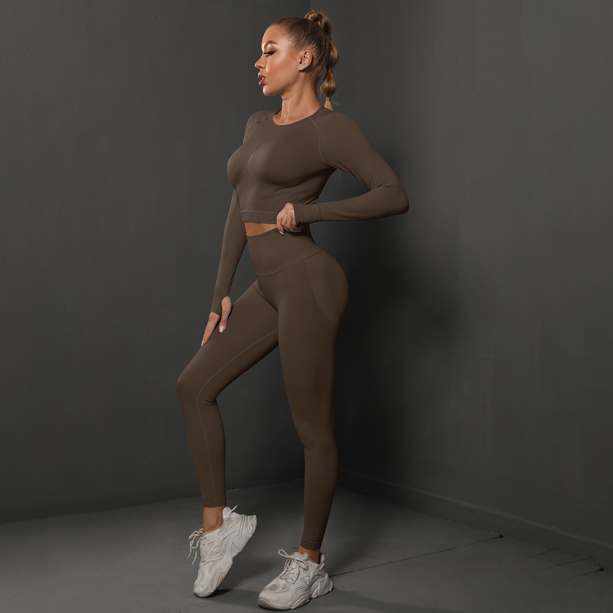 Women Crew Neck Twist Front Long Sleeve Yoga 2-Piece Outfit, Chest Twist Long Sleeve Crop Top 10 Colors, High Waist Butt Lifting Full Length Leggings 10 Colors, YFYS6600+YFYS6600