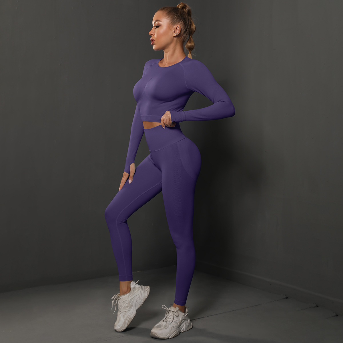 Women Crew Neck Twist Front Long Sleeve Yoga 2-Piece Outfit, Chest Twist Long Sleeve Crop Top 10 Colors, High Waist Butt Lifting Full Length Leggings 10 Colors, YFYS6600+YFYS6600