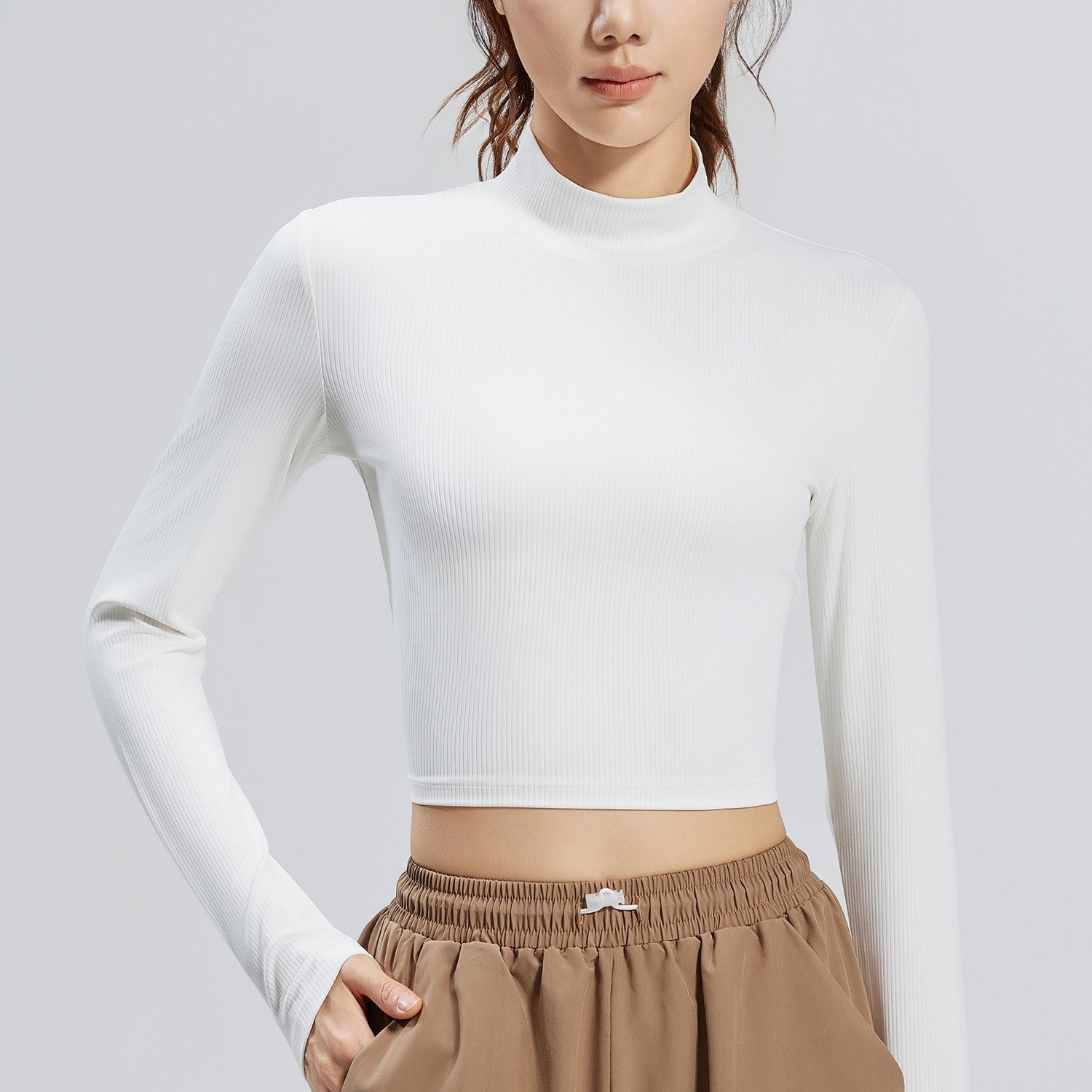 Mock-Neck Slim-Fit Solid Color Yoga Long