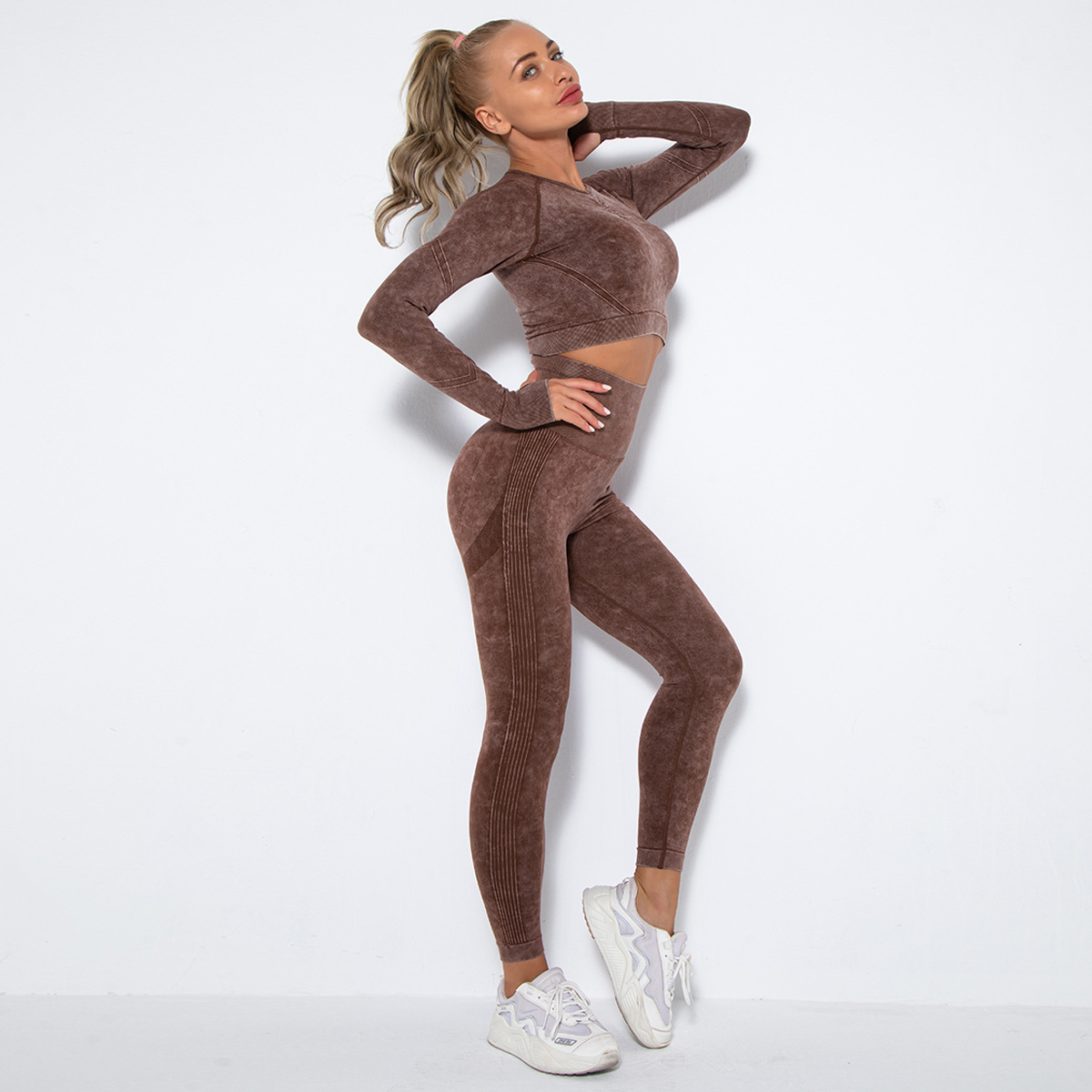 Naked Soft Fitness Set, Crew Neck Washed Texture Long Sleeve Crop Top 10 Colors, Tummy Control Compression Leggings 10 Colors, YFYS6500+YFYS6500
