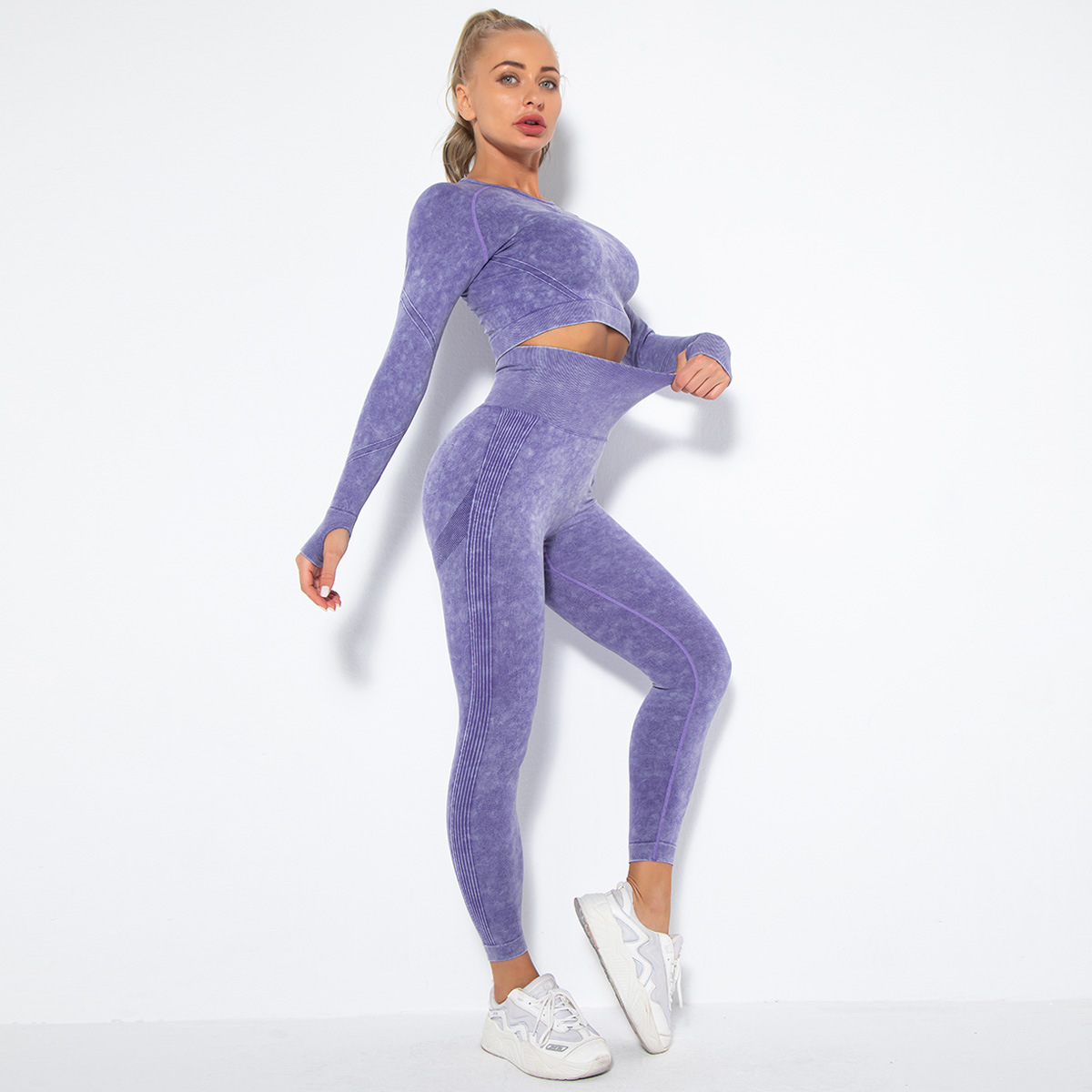 Naked Soft Fitness Set, Crew Neck Washed Texture Long Sleeve Crop Top 10 Colors, Tummy Control Compression Leggings 10 Colors, YFYS6500+YFYS6500