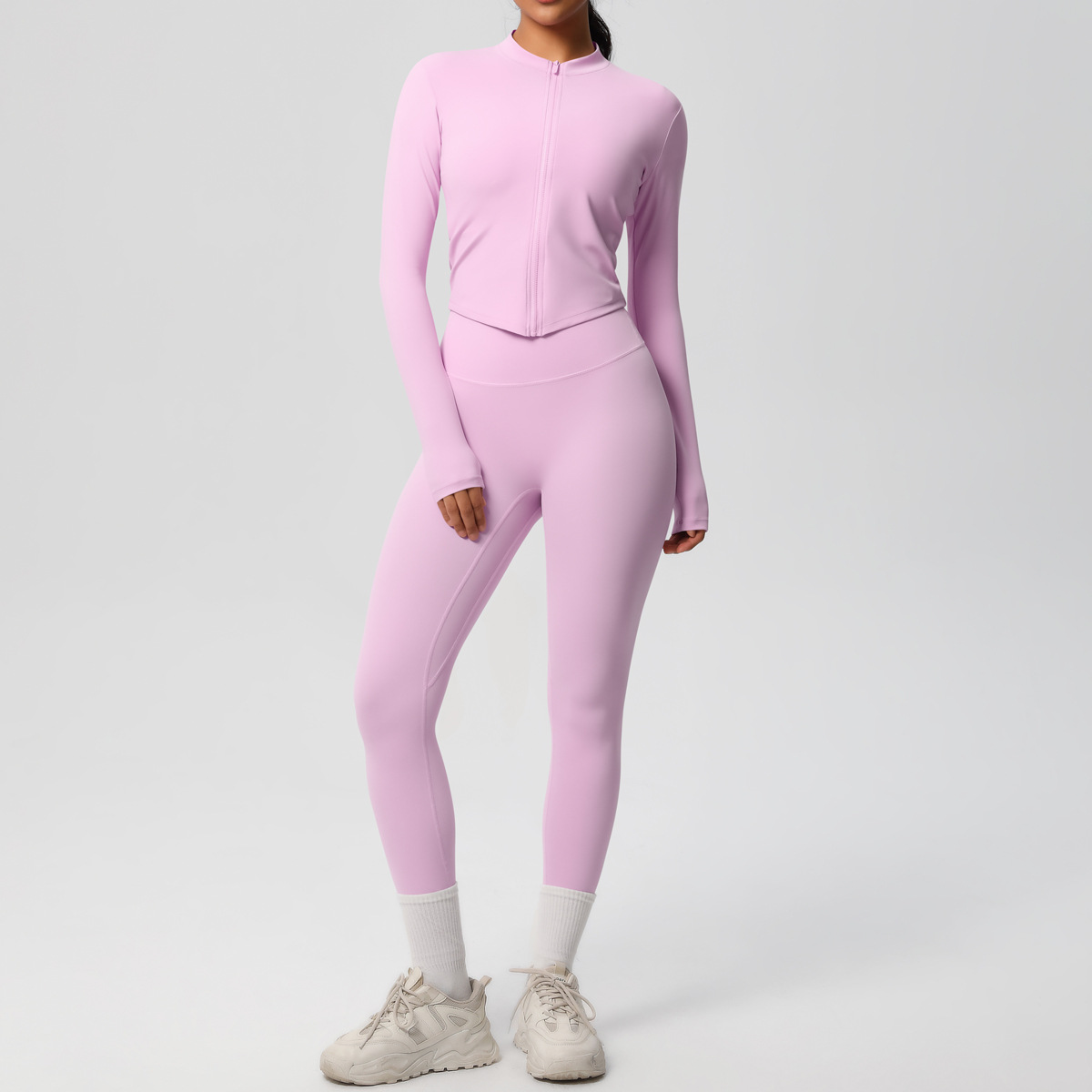 Naked Soft Fitness Set, Zip Up Long Sleeve Cropped Jacket 10 Colors, Tummy Control Compression Leggings 10 Colors, YFYS7106+YFYS7100