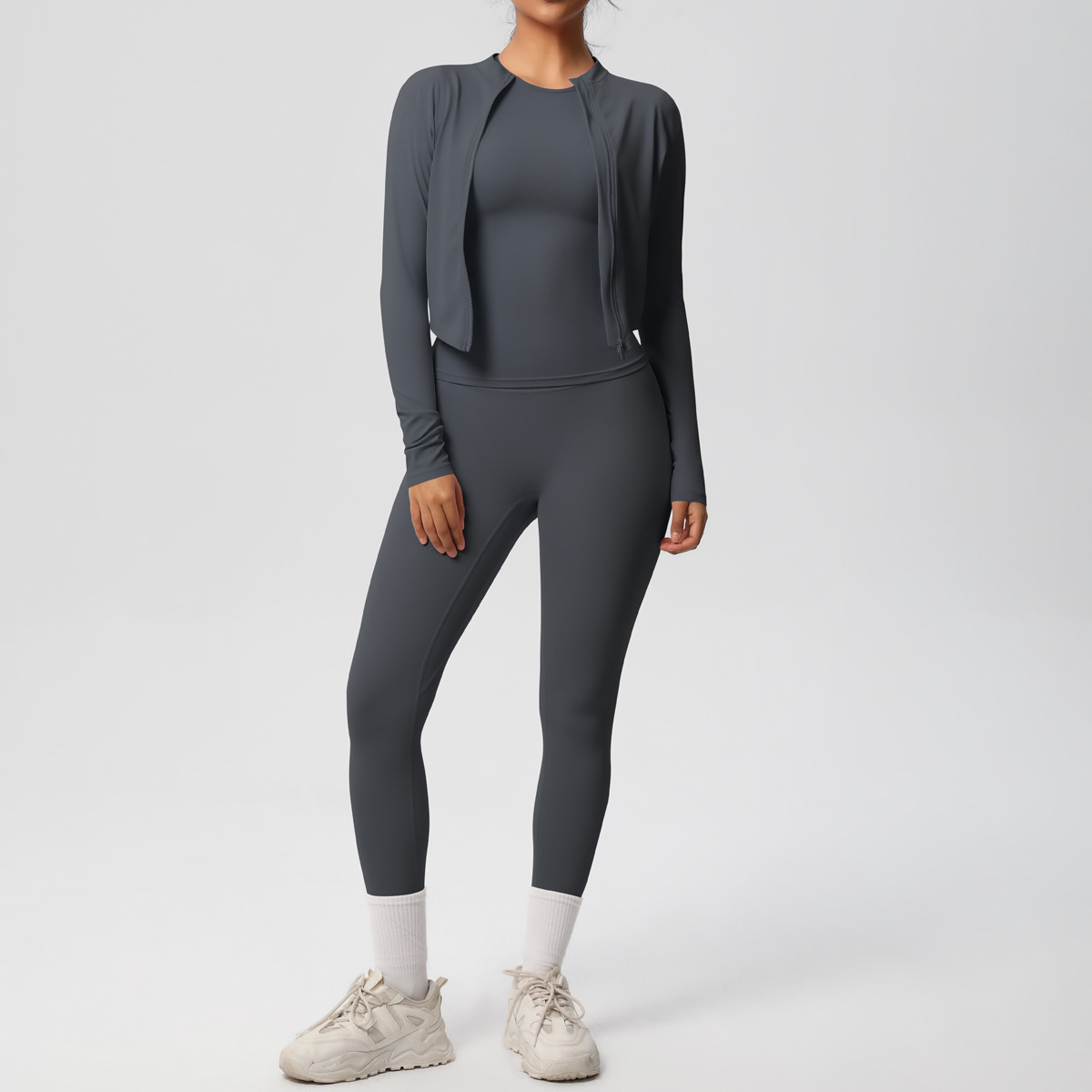 Women Zip Up Long Sleeve 3-Piece Yoga Outfit, Full Zip Cropped Jacket+Round Neck Long Sleeve Tank Top 10 Colors, High Waist Butt Lifting Full Length Leggings 10 Colors, YFYS7102+YFYS7106+YFYS7100