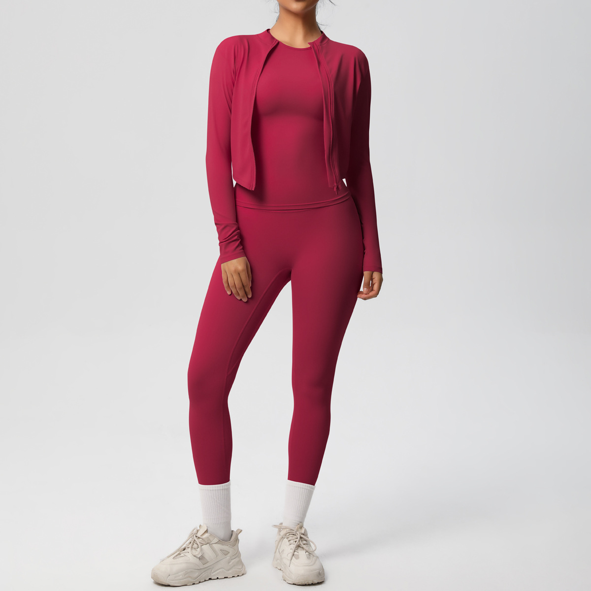 Women Zip Up Long Sleeve 3-Piece Yoga Outfit, Full Zip Cropped Jacket+Round Neck Long Sleeve Tank Top 10 Colors, High Waist Butt Lifting Full Length Leggings 10 Colors, YFYS7102+YFYS7106+YFYS7100