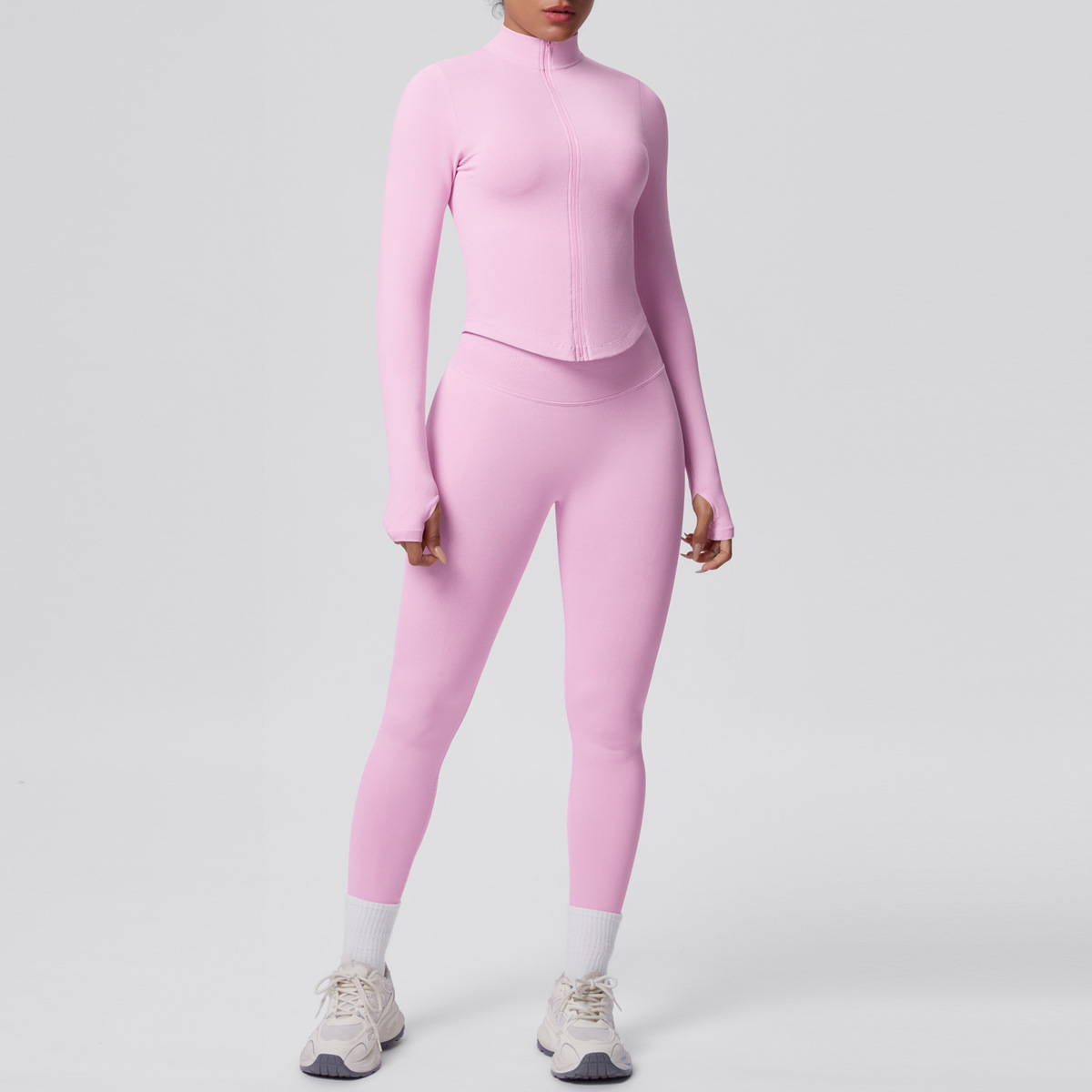 Naked Soft Fitness Set, Zip Up High Neck Jacket With Thumb Holes 10 Colors, Tummy Control Compression Leggings 10 Colors, YFYS6704+YFYS6688
