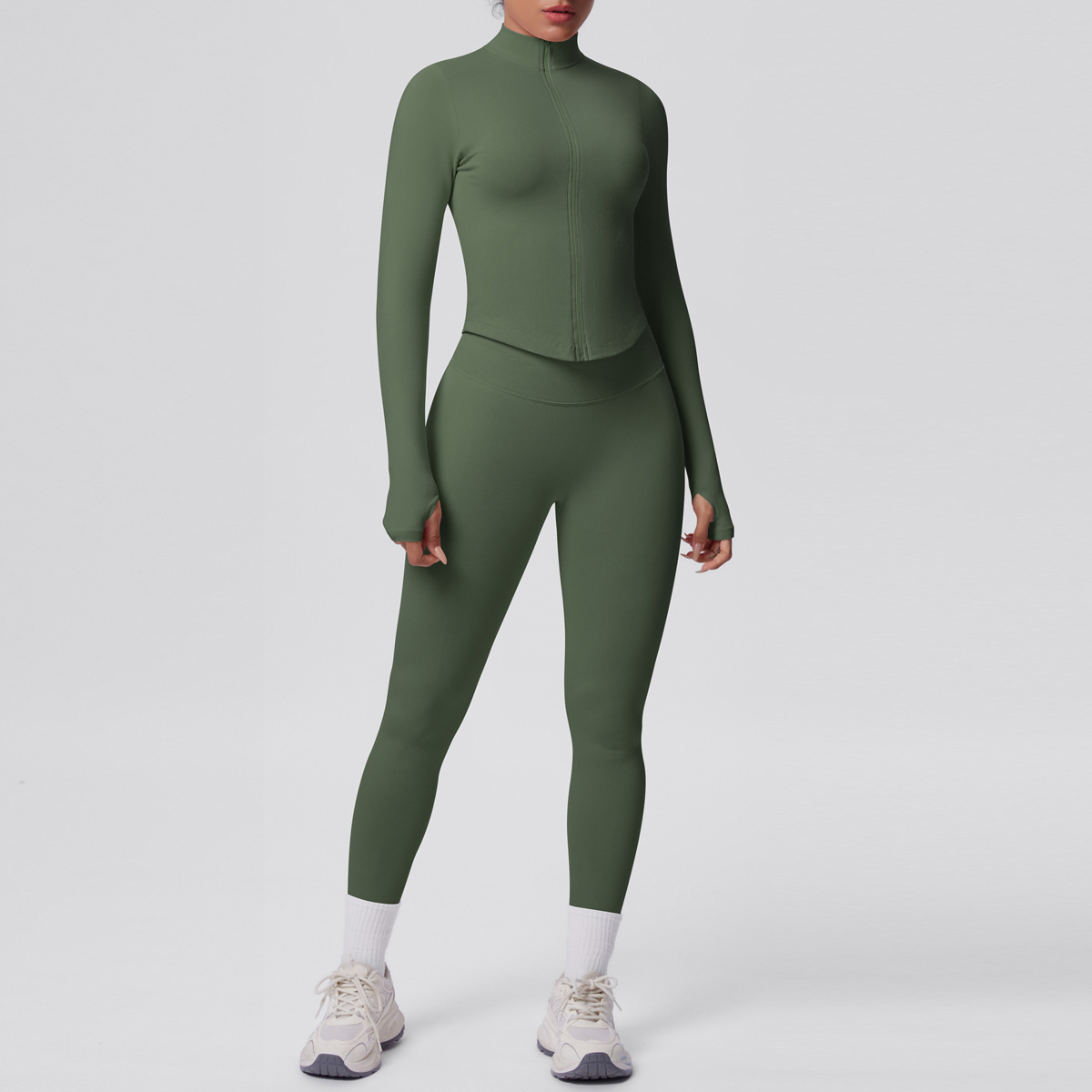 Naked Soft Fitness Set, Zip Up High Neck Jacket With Thumb Holes 10 Colors, Tummy Control Compression Leggings 10 Colors, YFYS6704+YFYS6688