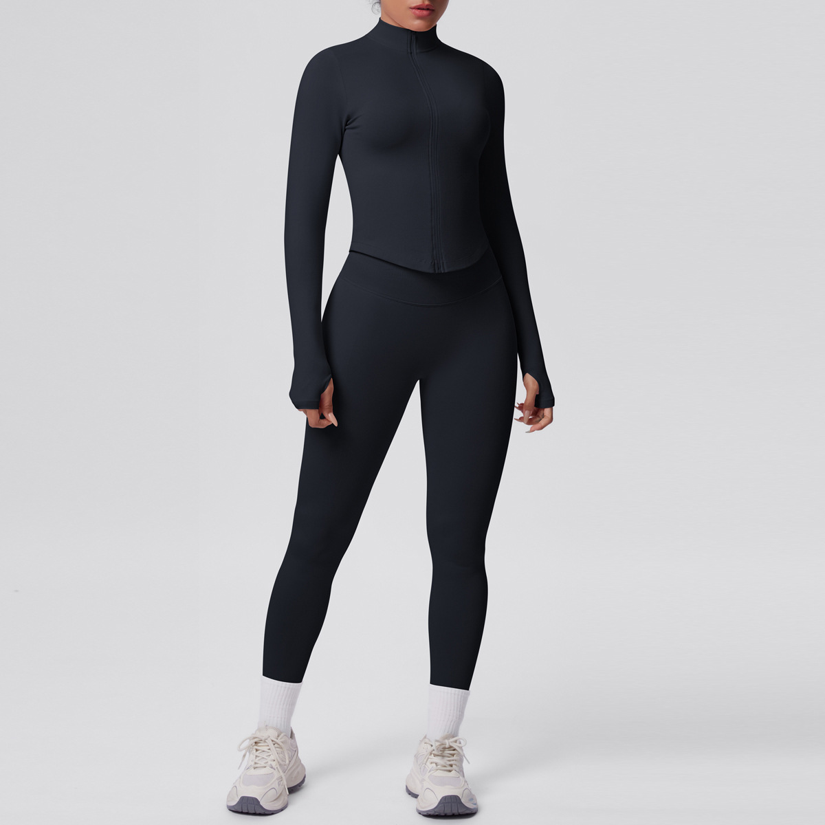Naked Soft Fitness Set, Zip Up High Neck Jacket With Thumb Holes 10 Colors, Tummy Control Compression Leggings 10 Colors, YFYS6704+YFYS6688