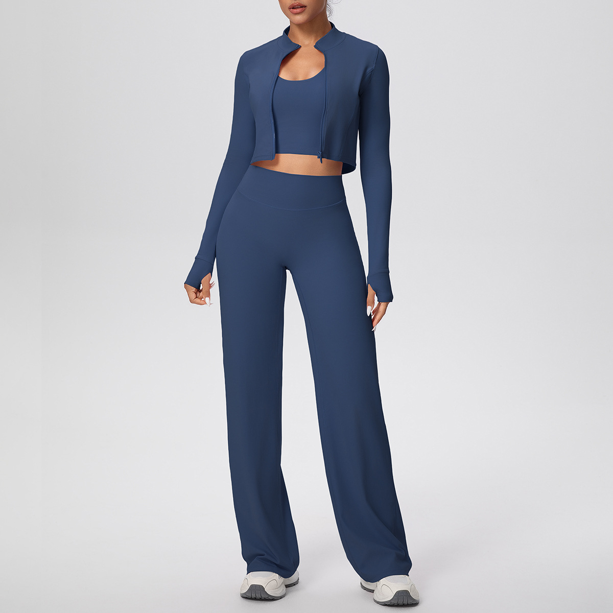 Women Zip Up Long Sleeve 3-Piece Yoga Outfit, Full Zip Cropped Jacket+Round Neck Long Sleeve Tank Top 10 Colors, High Waist Butt Lifting Full Length Leggings 10 Colors, YFYS7102+YFYS7106+YFYS7100