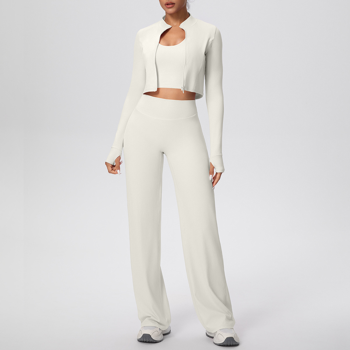 Women Zip Up Long Sleeve 3-Piece Yoga Outfit, Full Zip Cropped Jacket+Round Neck Long Sleeve Tank Top 10 Colors, High Waist Butt Lifting Full Length Leggings 10 Colors, YFYS7102+YFYS7106+YFYS7100