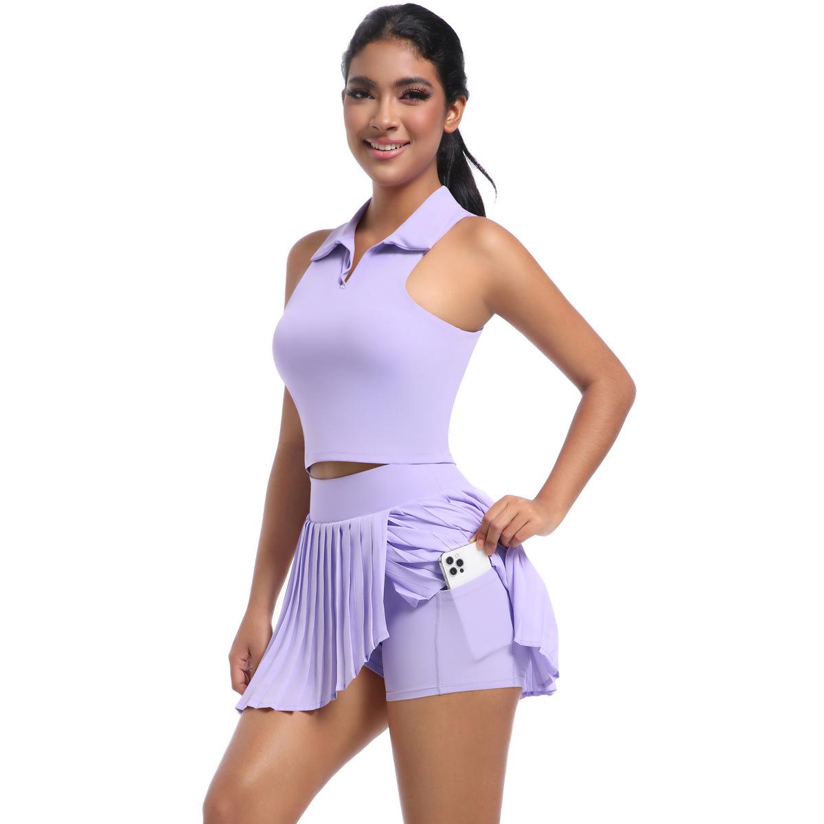Naked Soft Fitness Set, Polo Collar Sleeveless Crop Tank Top 6 Colors, Tummy Control Pleated Skort With Pocket 6 Colors, YFYS7084+YFYS7083