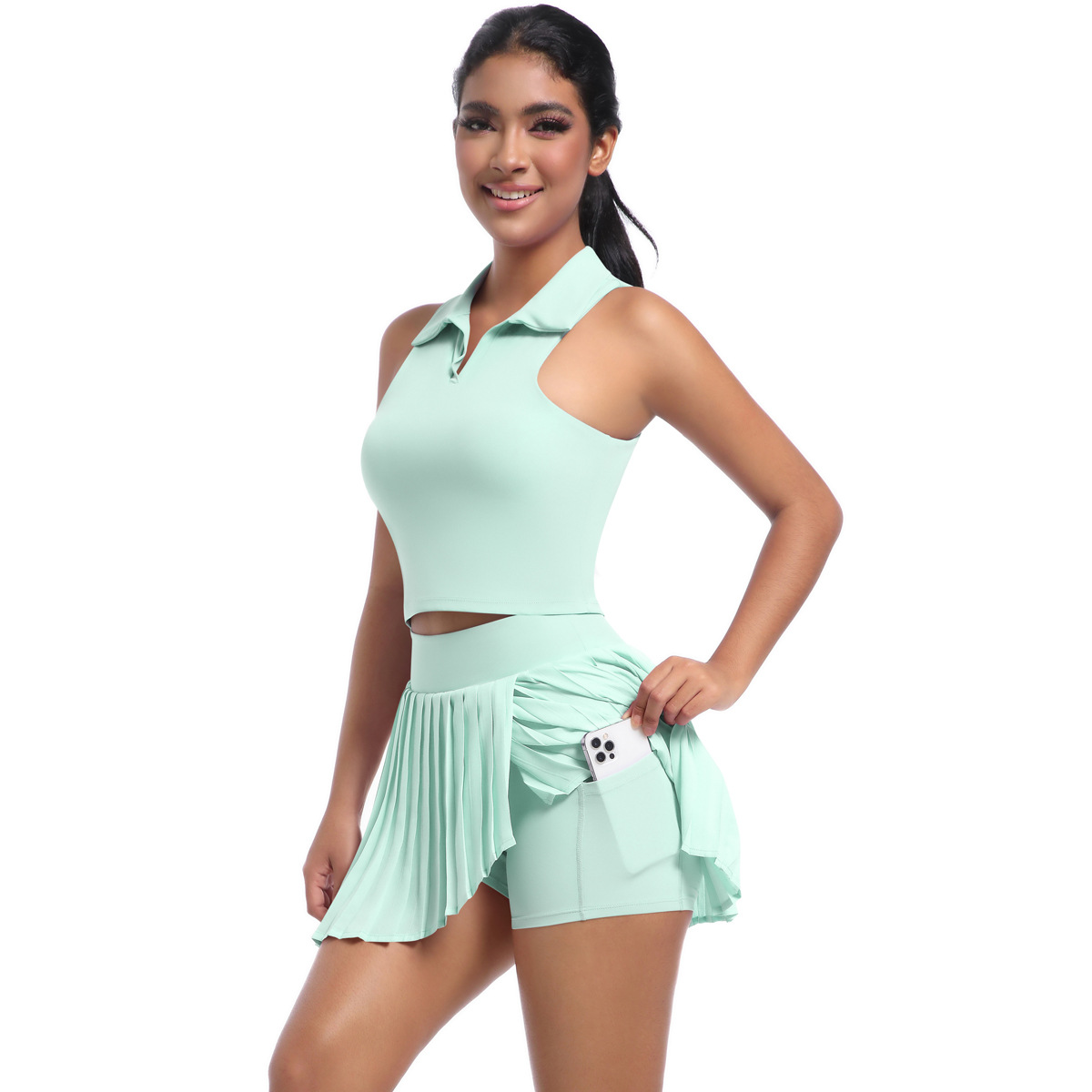 Naked Soft Fitness Set, Polo Collar Sleeveless Crop Tank Top 6 Colors, Tummy Control Pleated Skort With Pocket 6 Colors, YFYS7084+YFYS7083